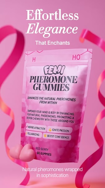 A high-conversion 9:16 vertical social ad featuring a pack of Femi Pheromone Gummies against a soft pink background with elegant ribbon accents.